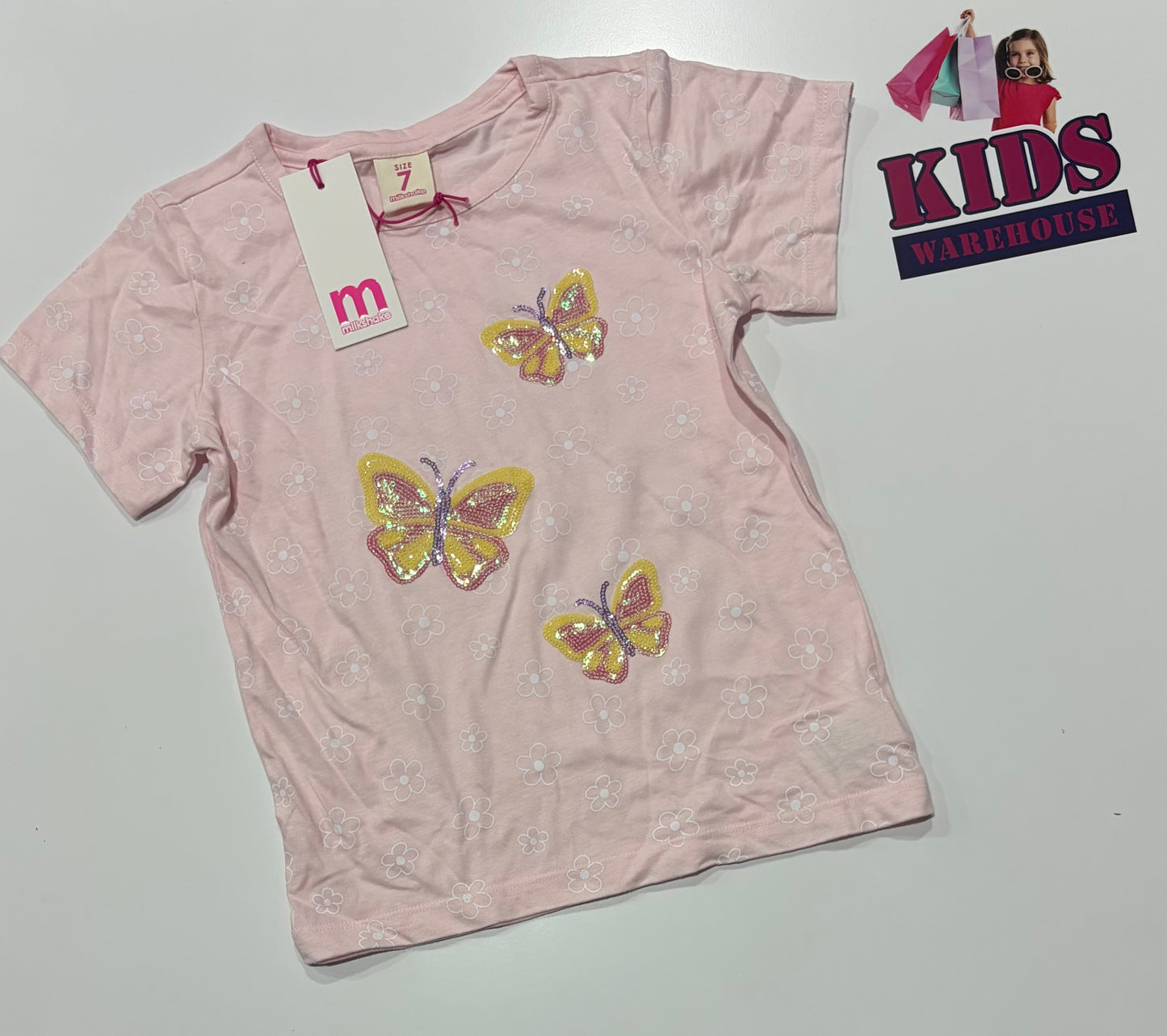 Not Used Milkshake Pink, Sequin Butterfly Print Top Size 7