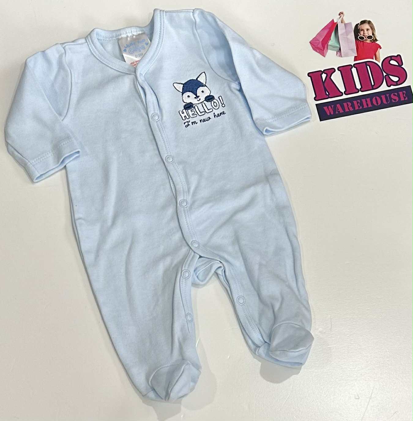 Just Top Cute Blue Jumpsuit With “Hello I’m New Here” Print Size 0000