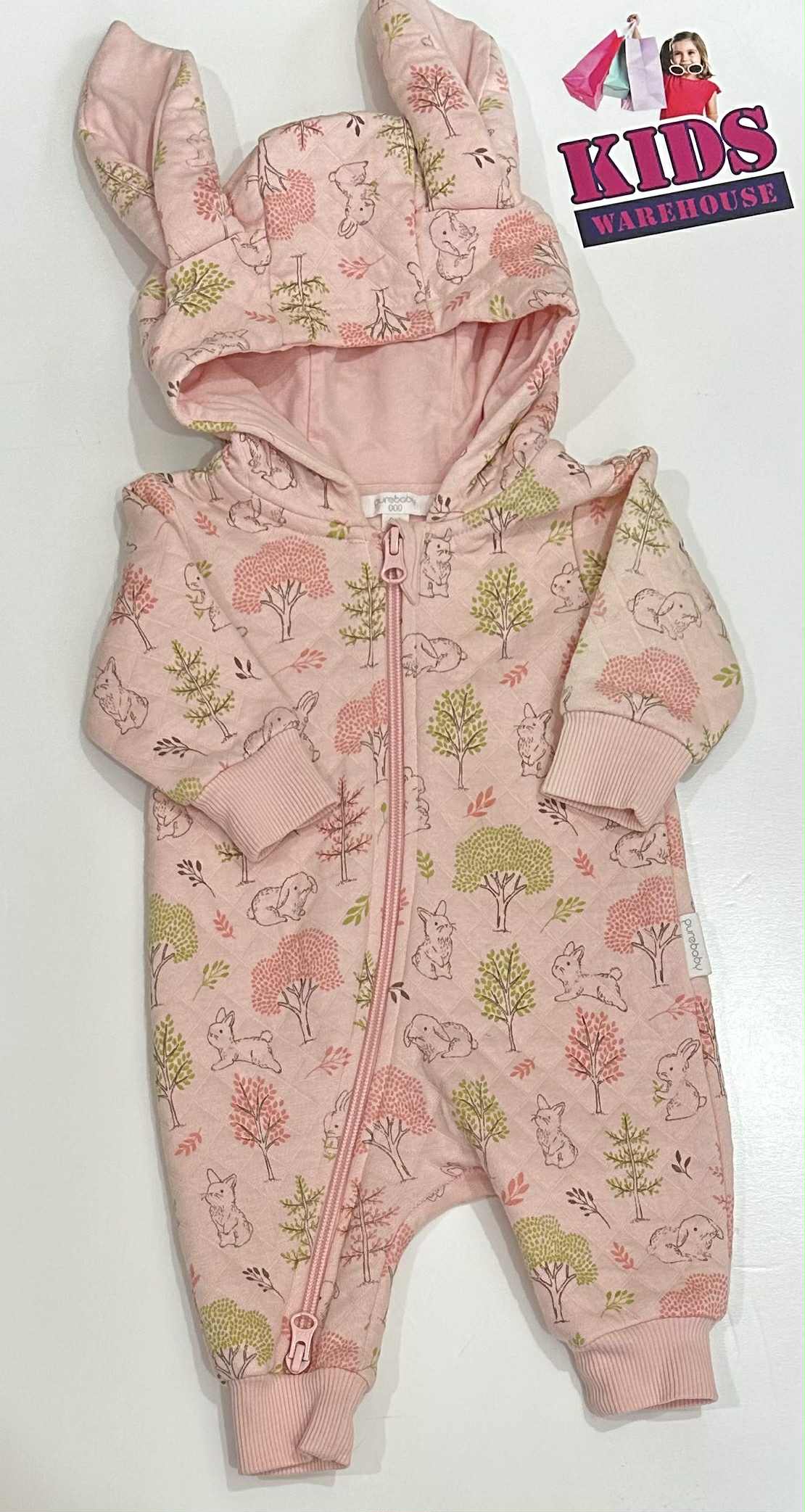 PureBaby Pink Thick Hoodie Jumpsuit With Rabbit Ears Size 000