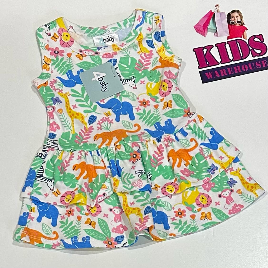 New 4Baby White & Green Dress With Animal Pattern Size 00
