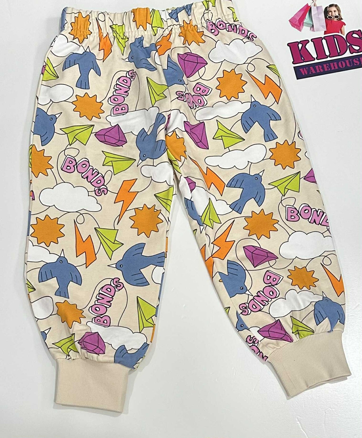 Bonds White Track Pants With Bird & Paper Aeroplane Pattern Size 3