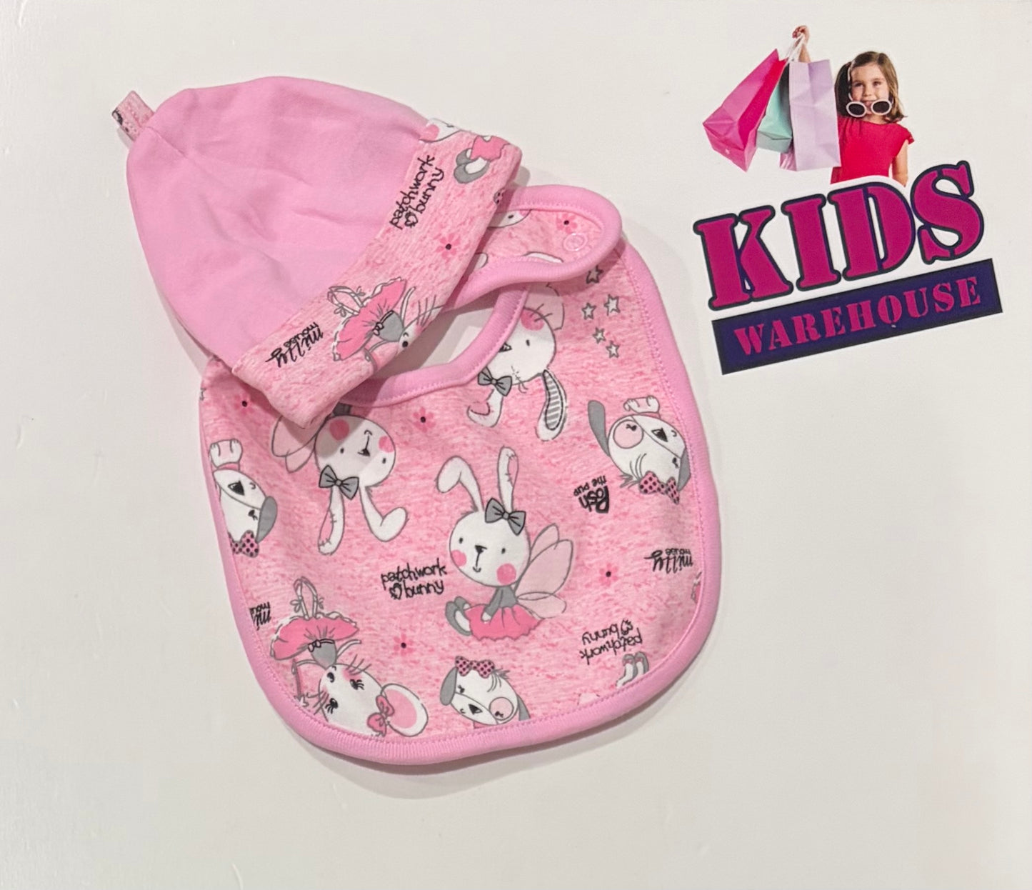 Pink, Patchwork Bunny Print Bib & Beanie Set
