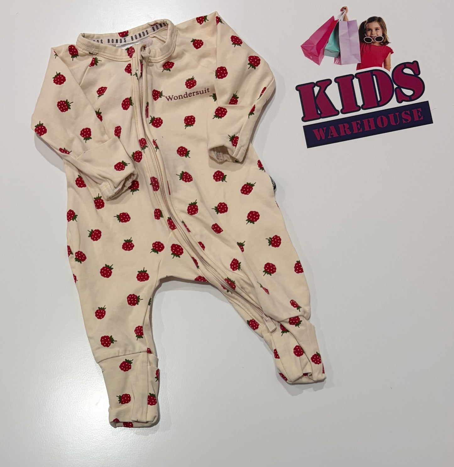 Bonds Wondersuit Cream, Strawberry Print Jumpsuit Size 0000