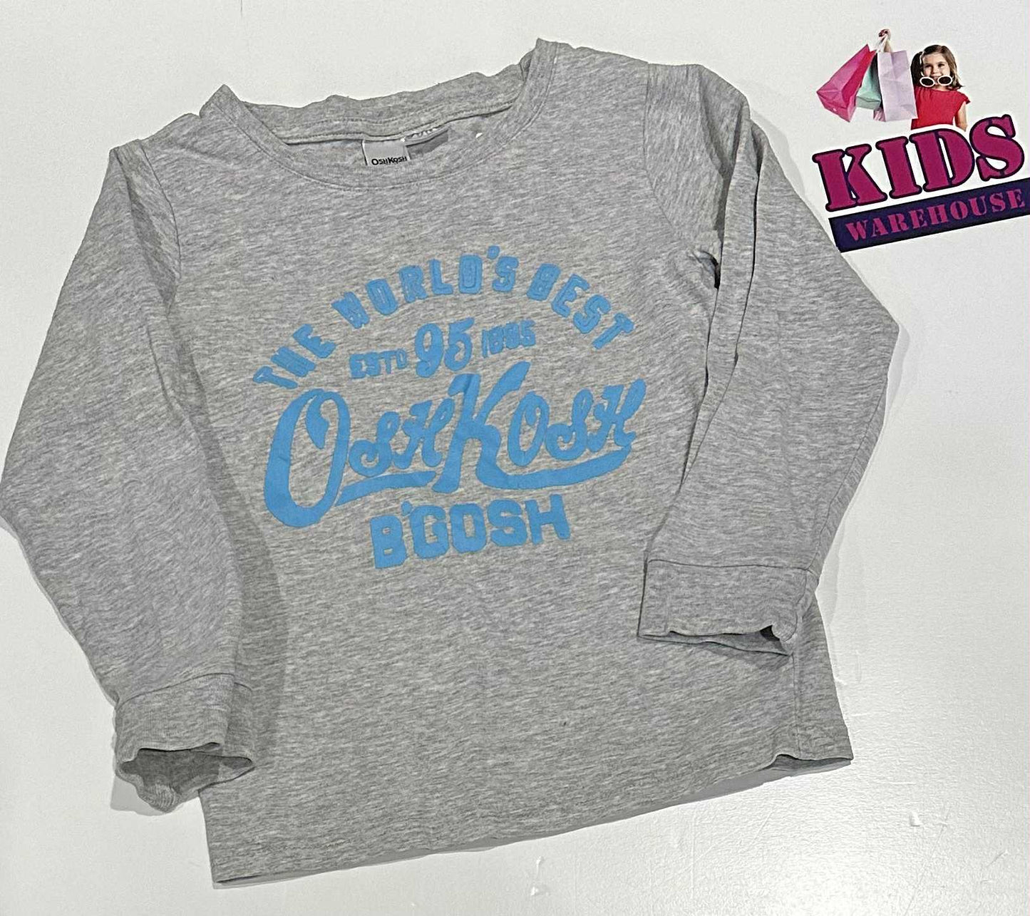 Osh Kosh Grey Long Sleeve Top With Blue “Oshkosh” Print Size 5-6