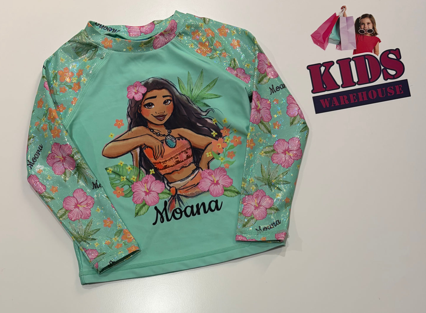 Disney Moana Teal, Moana Print Swim Rashie Long Sleeve Top Size 4