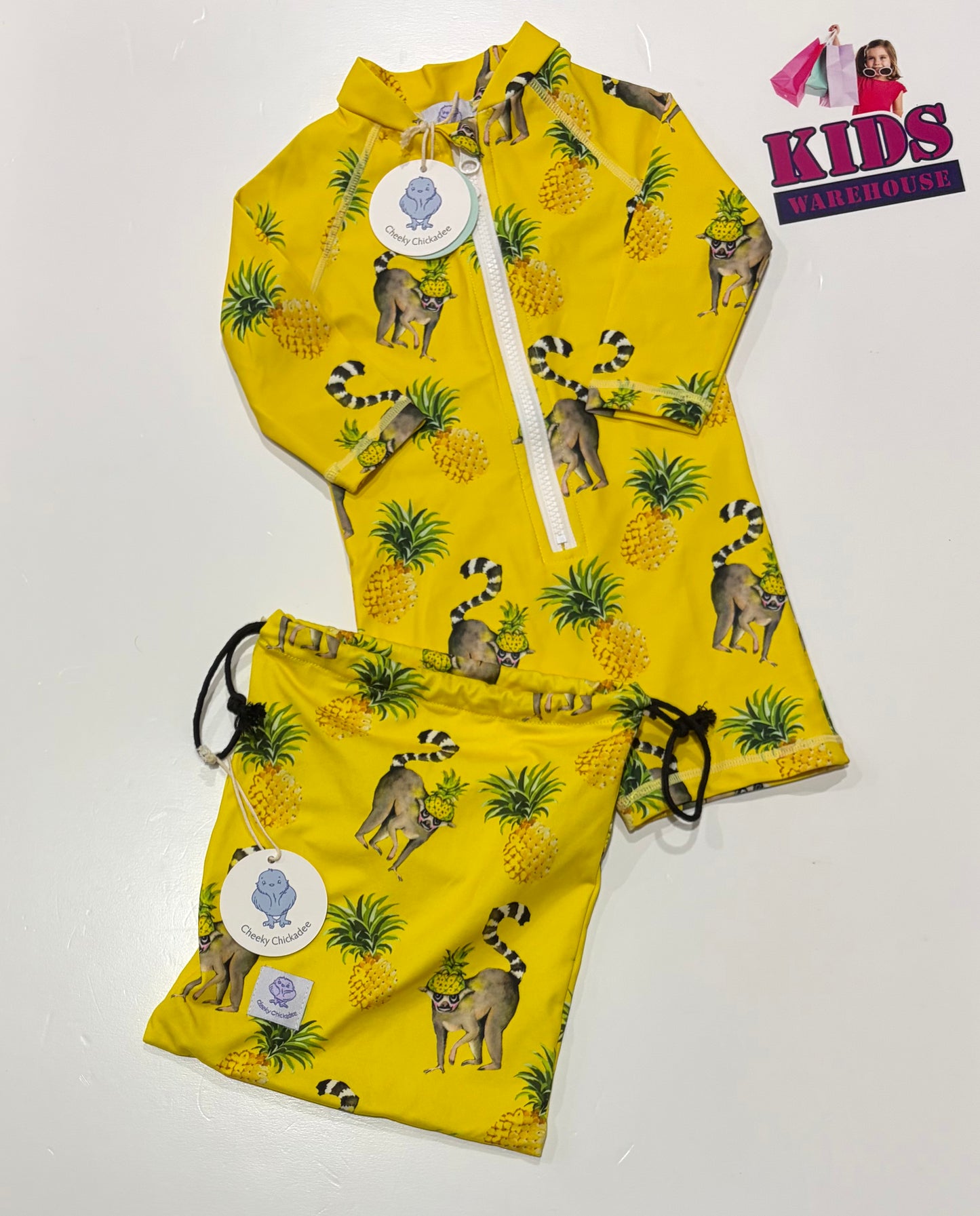 Not Used Cheeky Chickadee Yellow, Pineapple Print Swim Rashie Jumpsuit With Bag Size 0