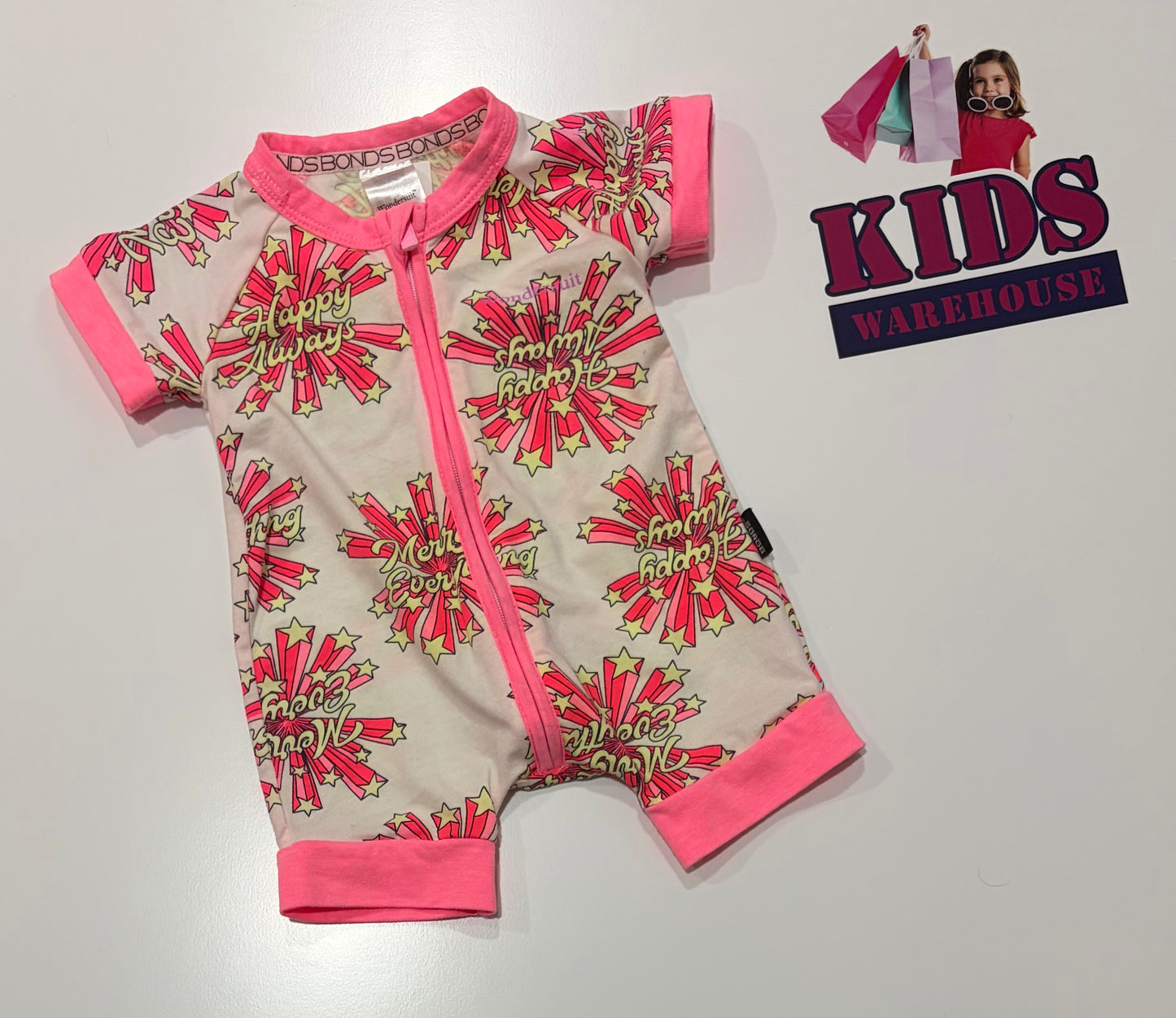 Bonds Wondersuit White, Pink Happy Always Print Jumpsuit Size 0000