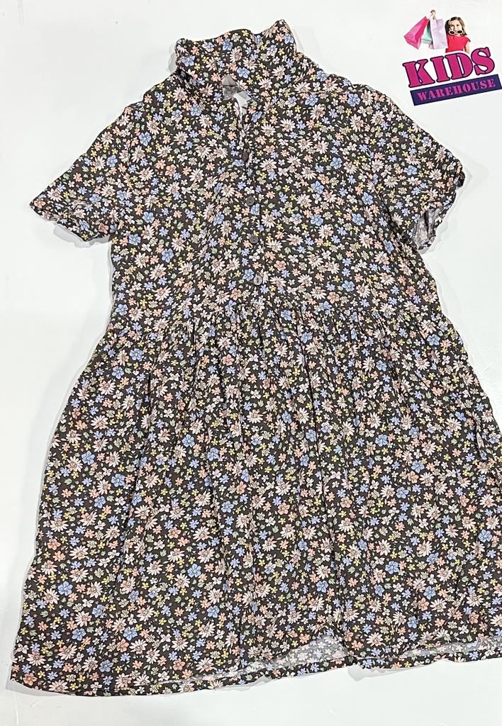 H&M Brown Dress With Pink & Blue Flower Pattern Size 7