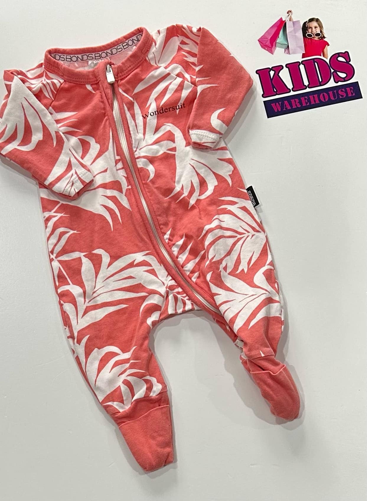 Bonds Pink, White Leaf Print Wondersuit Size 0000