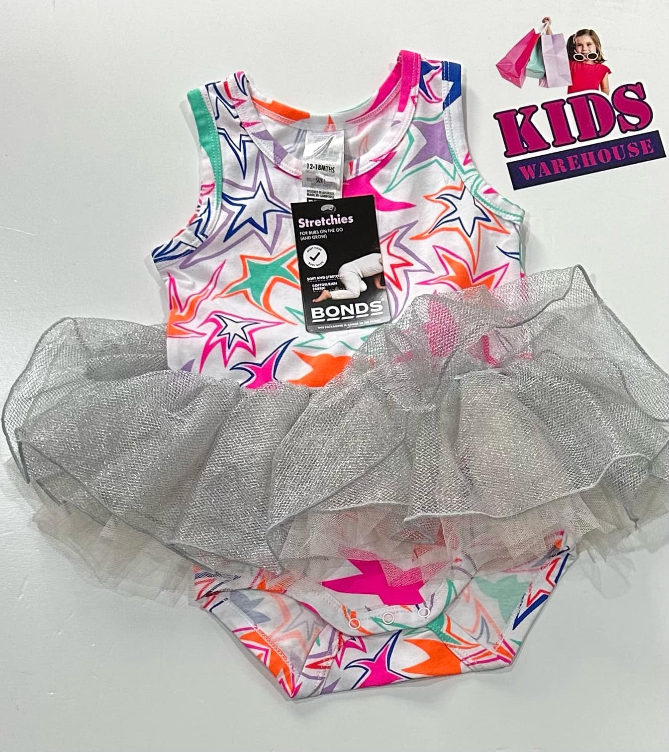 Bonds Stretchies White Coloured Star Print Bodysuit With Grey Tutu Size 1