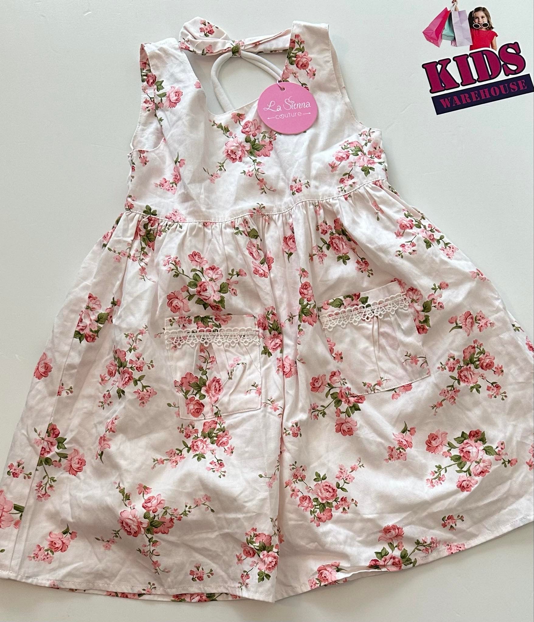 New La Sienna White Dress With Pink Flower Pattern Size 4 – Kids Warehouse AU