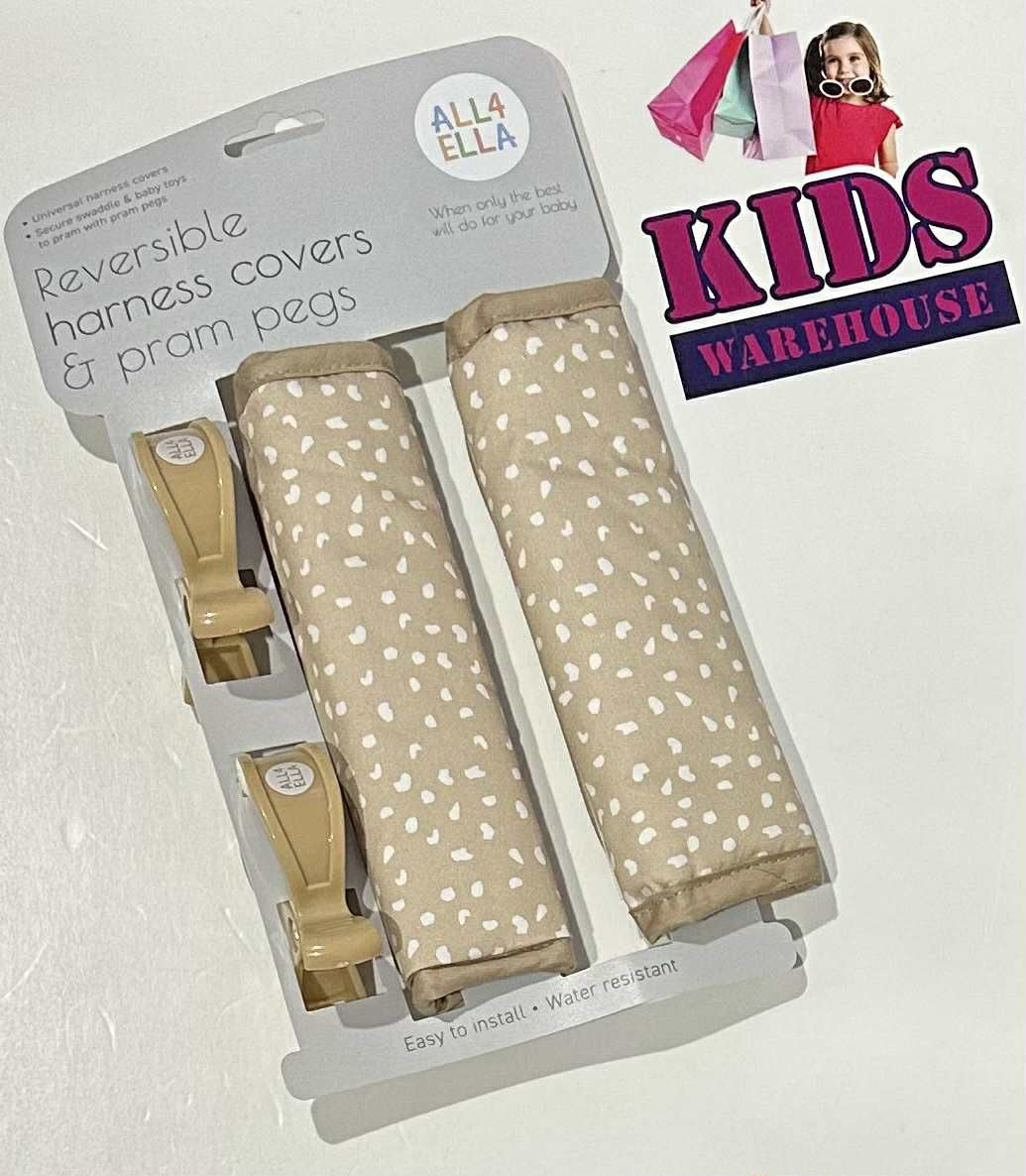 NEW All 4 Ella Reversible Harness Covers & Pram Pegs Tan, White Polka Dot Print