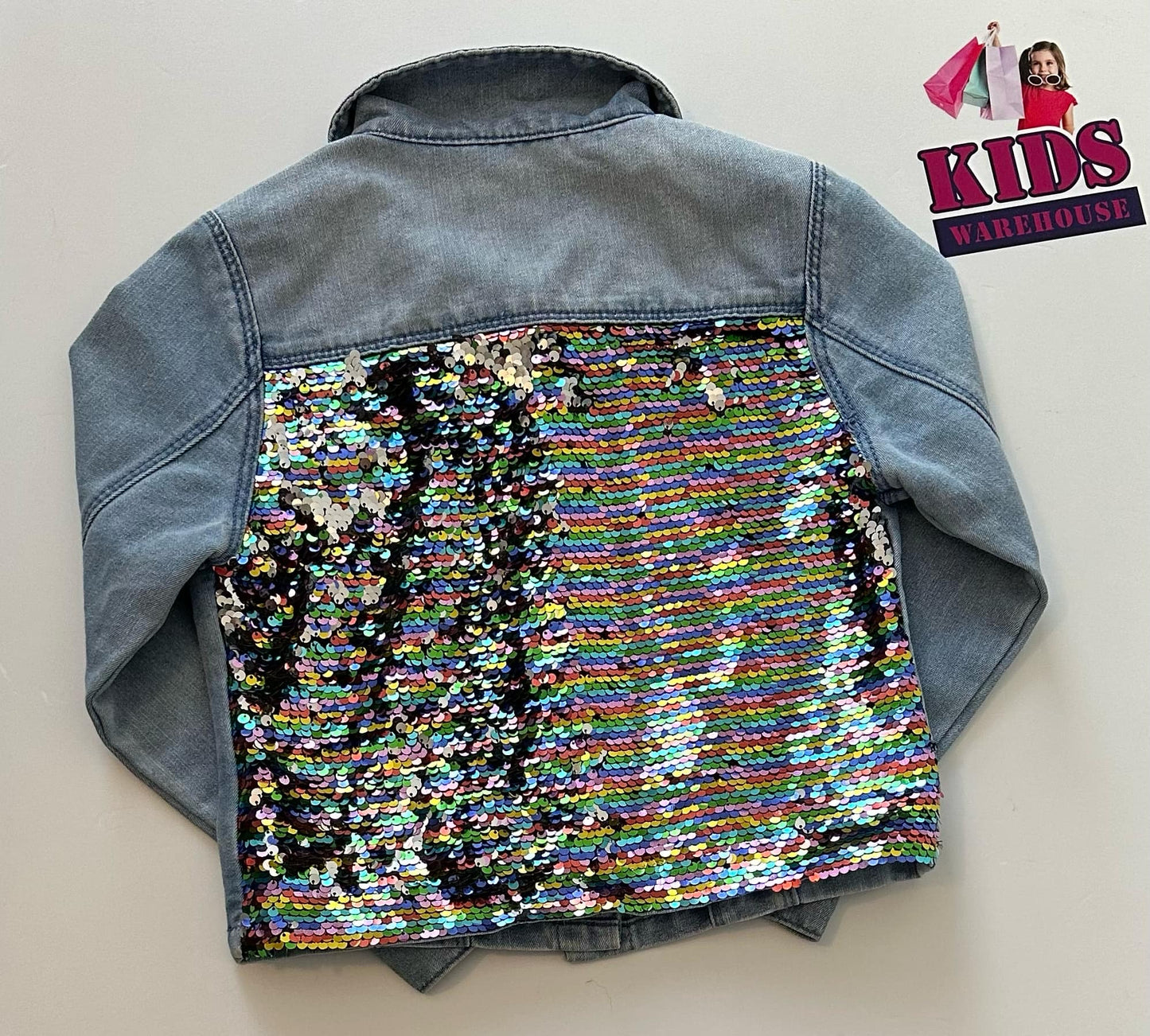 Squeeze Light Blue Denim Jacket With Rainbow Sequins Pattern Size 6