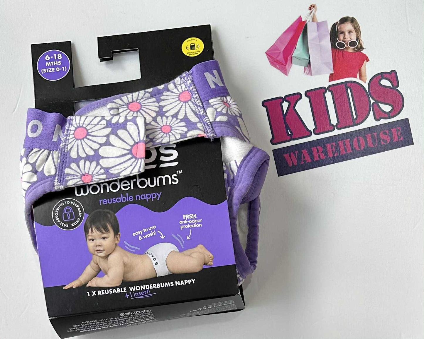 NEW Bonds Purple, White Flower Print Wonderbuns Reusable Nappy Size 0-1 (6-18 Months)