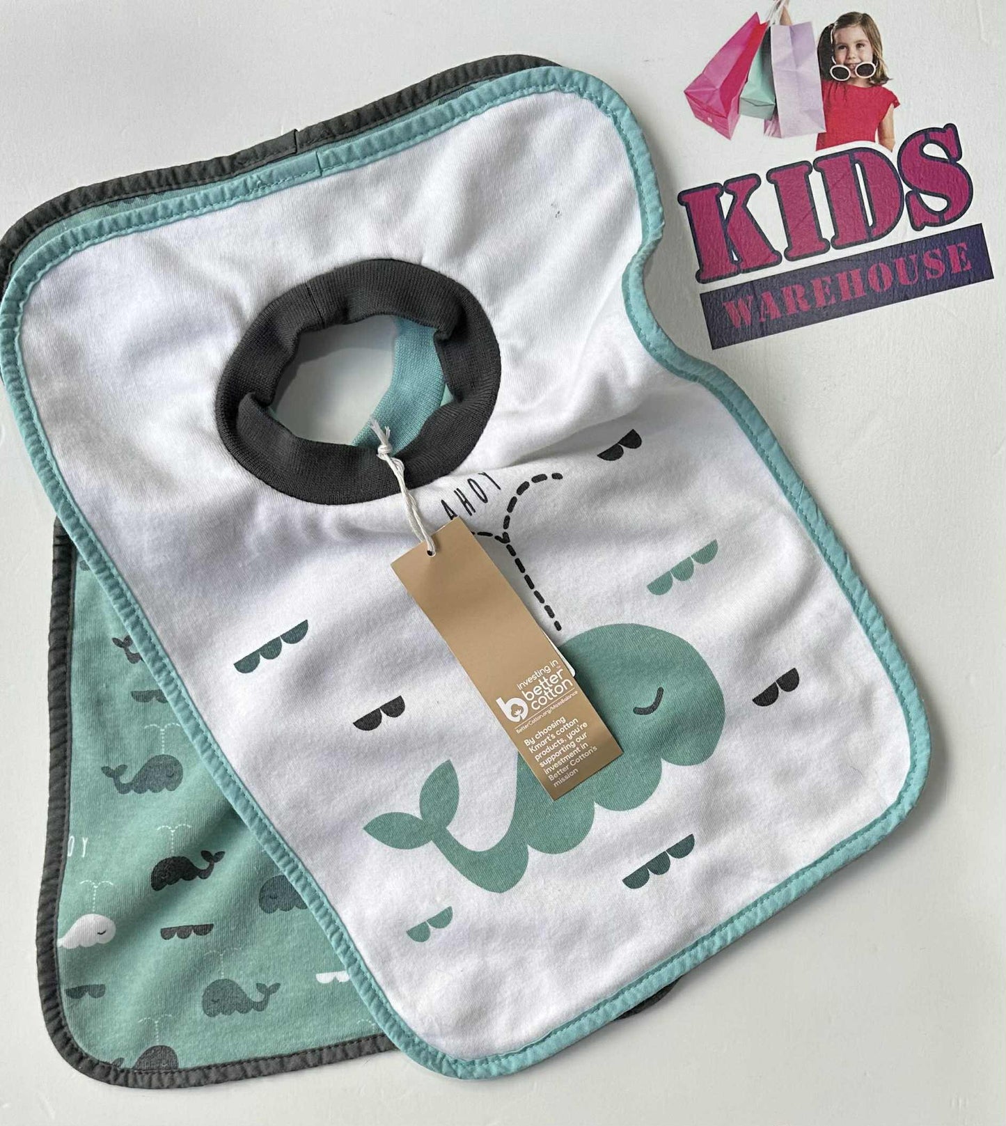 NEW 2 Pack Whale Print White, Turquoise Bibs