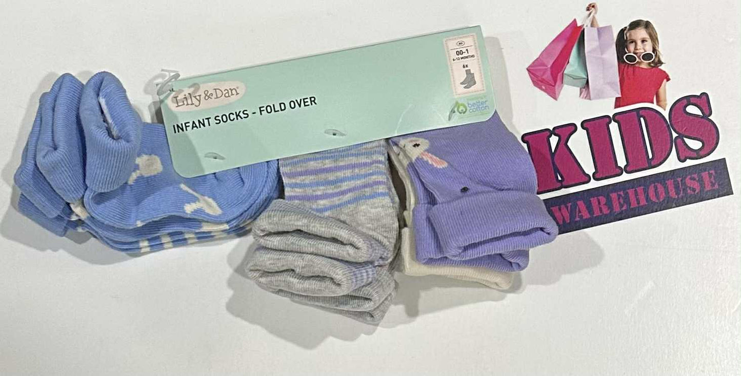 NEW Lily & Dan Infant Socks Purple, Blue Bunny Print Size 00-1 (6-12 Months) 6 Pack