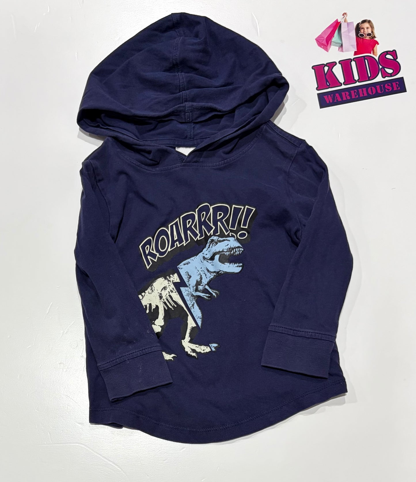 Navy Blue, Roarrr! T-Rex Print Hoodied Top Size 3