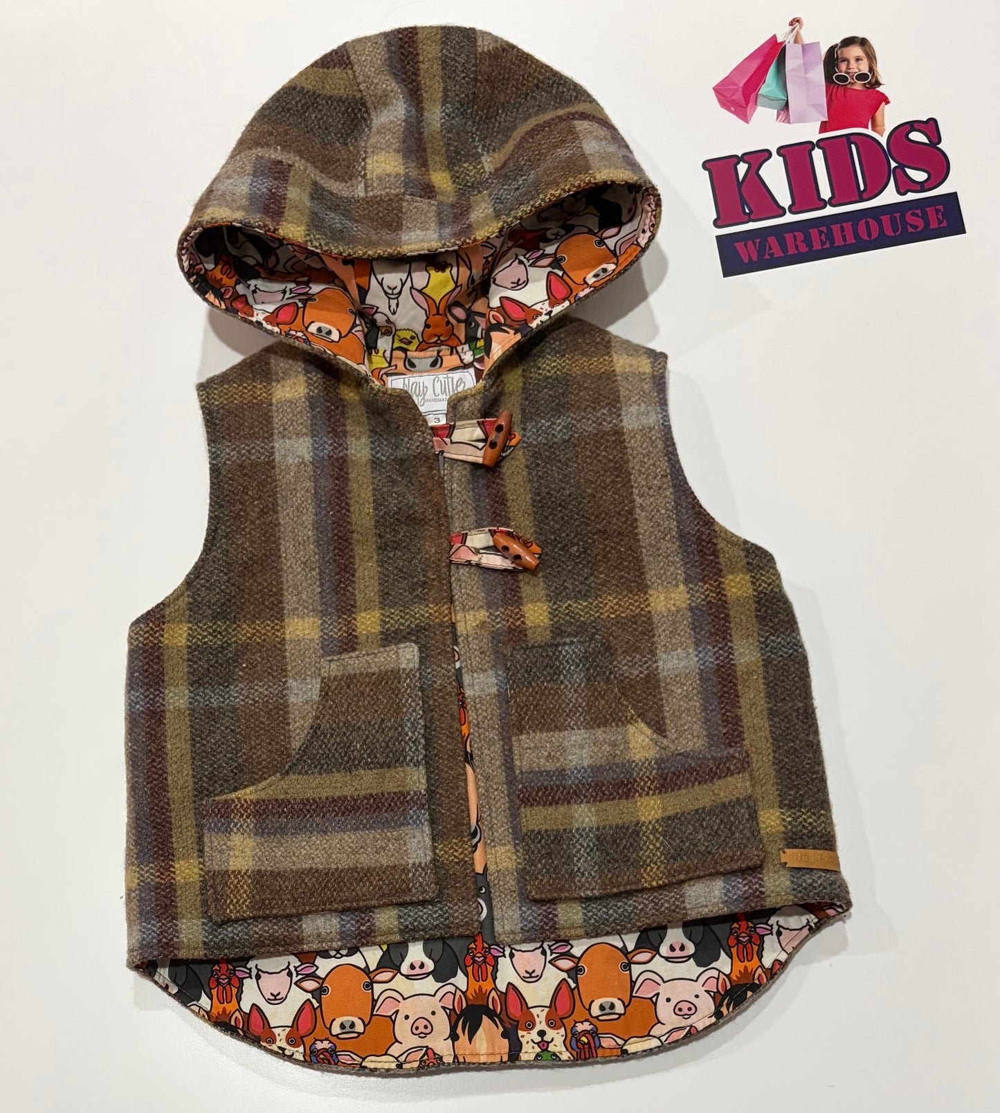 Hay Cutie Brown Check, Animal Print Lined Hooded Vest Size 3
