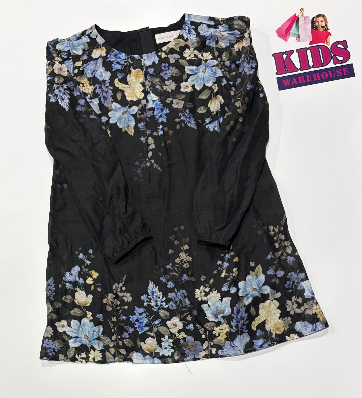 Forever New Black, Blue Floral Print Dress Size 7