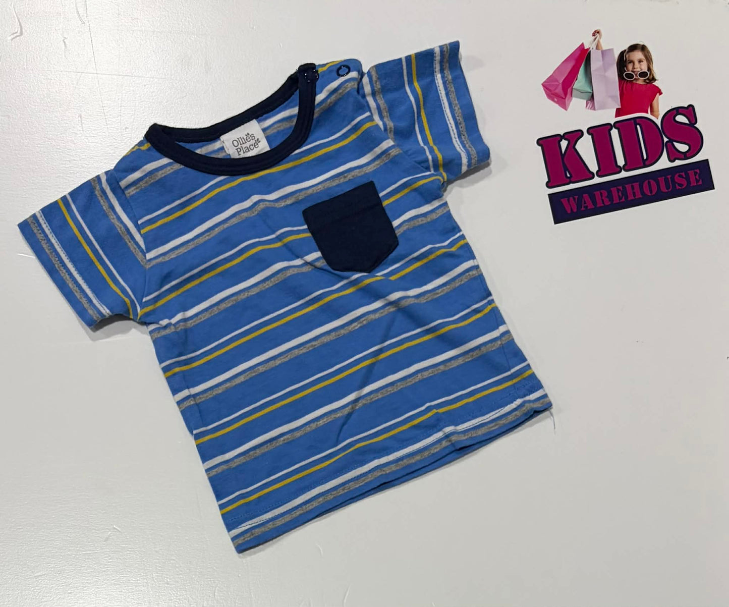 Ollies Place Blue Top With Grey & Yellow Stripes Pattern Size 0000