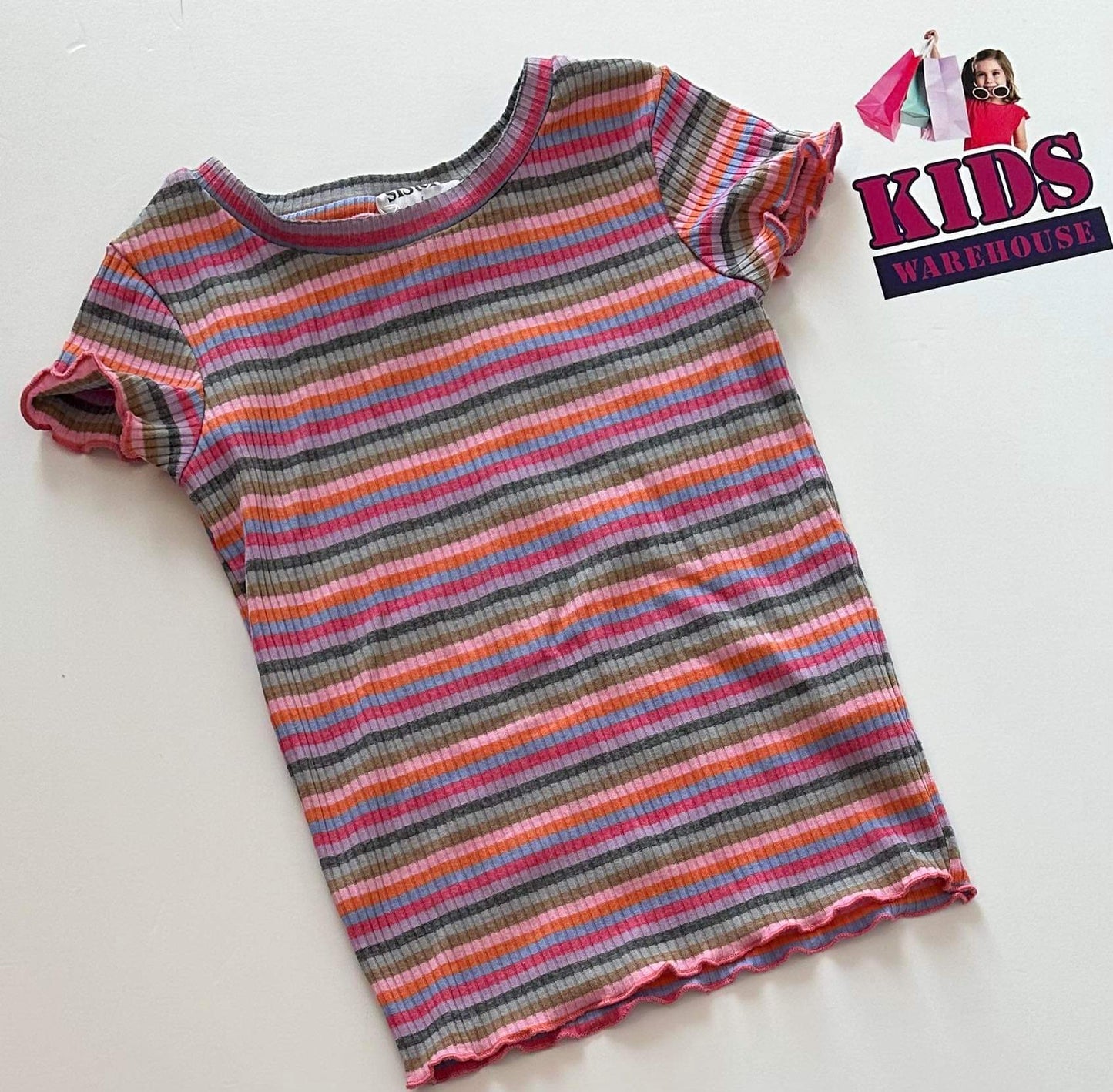 Eve’s Sister Pink, Orange, Blue, Black Colourful Striped Top with Lettuce Hem Size 6