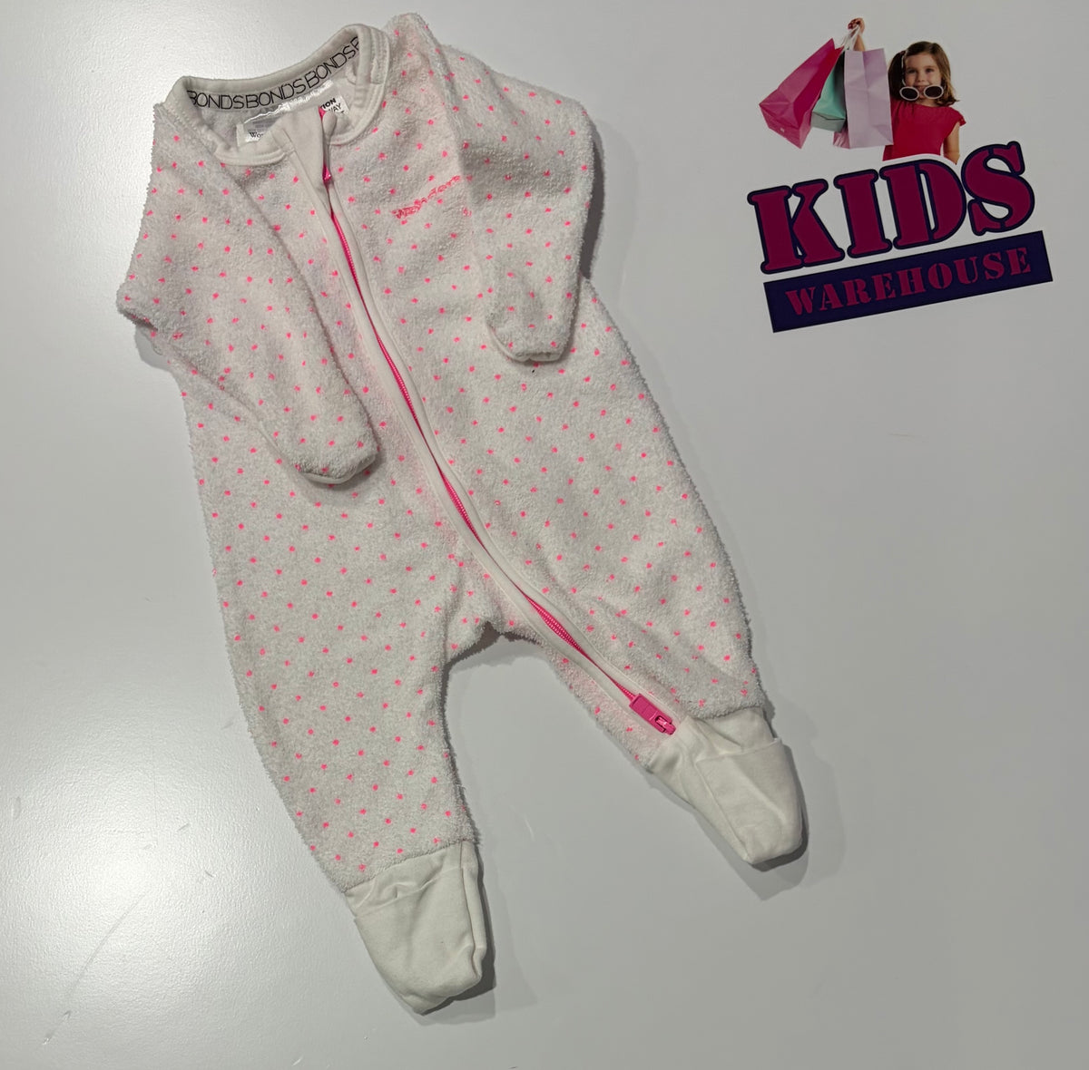 Bonds White, Pink Polka Dot Print Wondersuit Size 0000