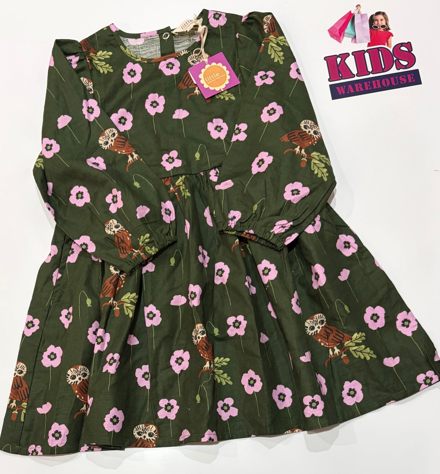Not Used Little Princess Highway Green, Pink Floral & Owl Print Dress Size 5