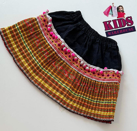 Black & Colourful Pattern Pom Pom Skirt Size 2