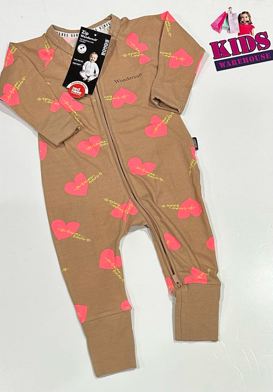 New Bonds Brown Jumpsuit With Pink Heart Pattern Size 00