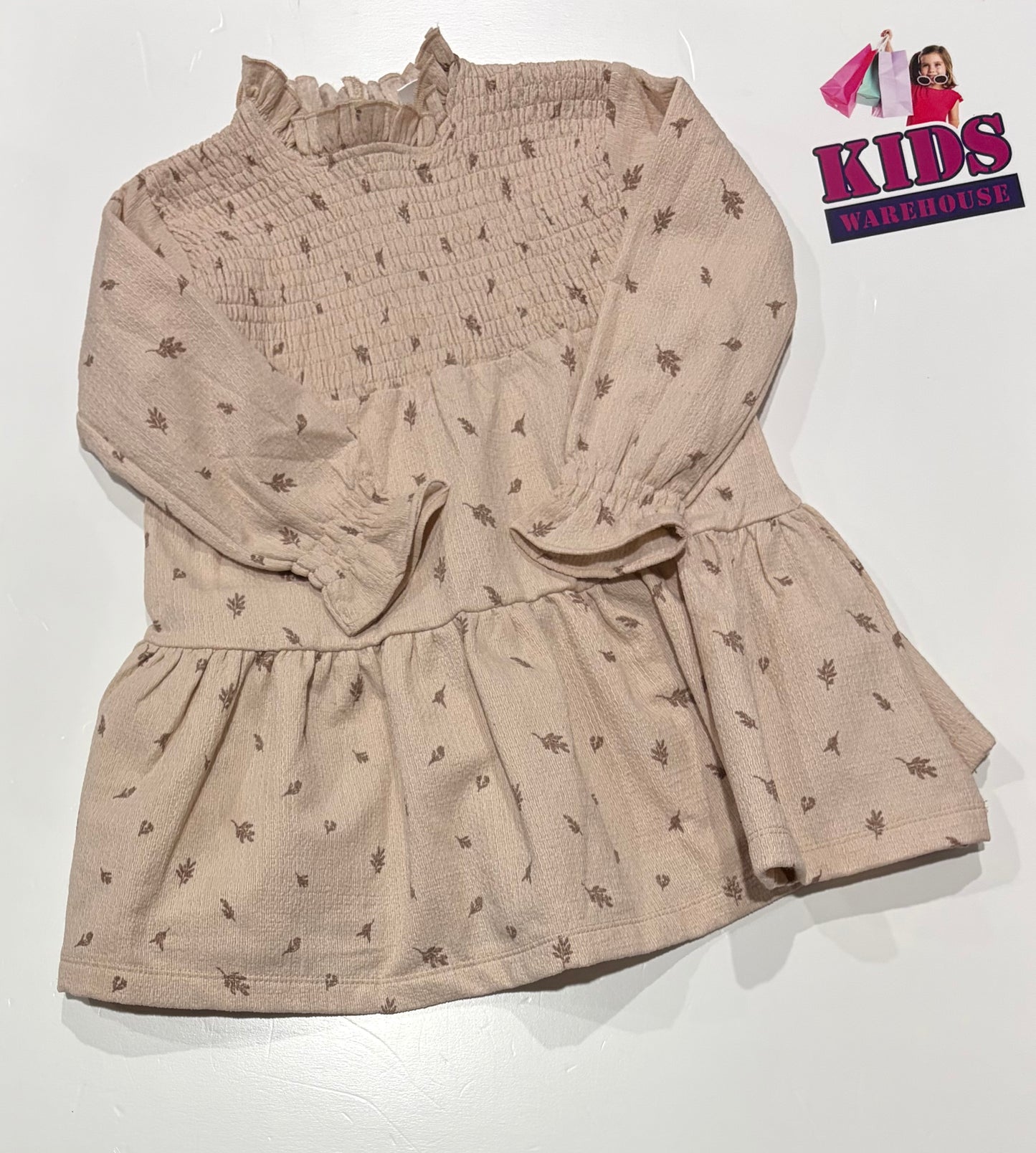 Miss Light Brown, Brown Leaf Print Print Long Sleeve Dress Size 2