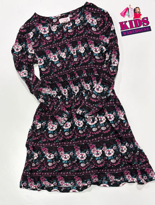 Pumpkin Patch Black, Purple, Green Floral Print Long Sleeve Dress Size 8