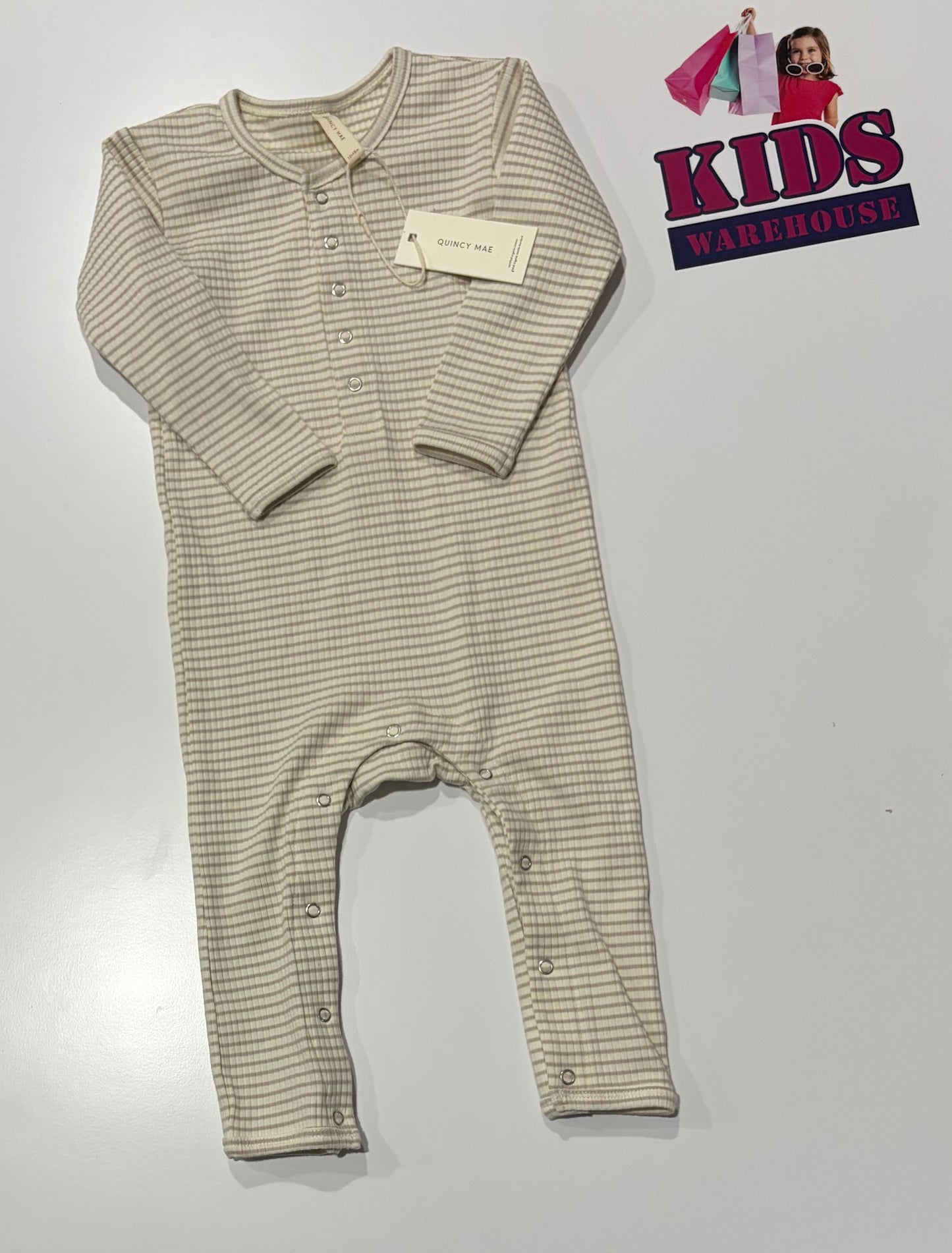 Not Used Quincy Mae Cream, Brown Stripe Print Jumpsuit Size 1