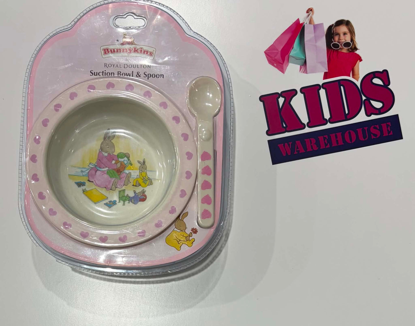 Not Used Bunnykins By Royal Doulton Pink, White Suction Bowl & Spoon