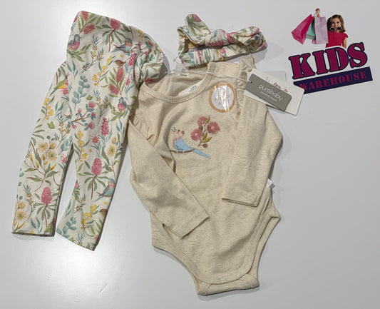 Not Used Purebaby White, Floral & Bird Print Bodysuit, Pants & Headband 3 Piece Set Size 0