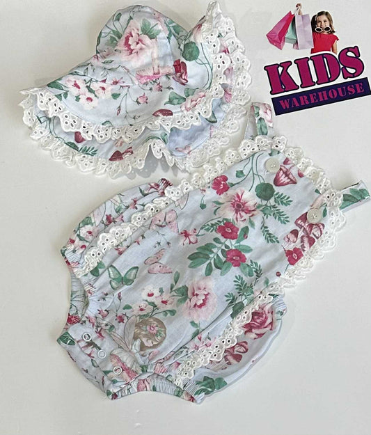 Baby Baby White & Blue 2 Piece Set With Pink Flower Pattern Size 000