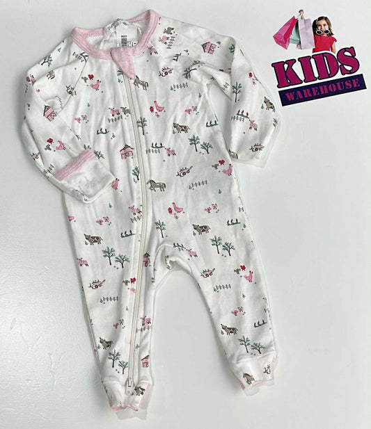 PureBaby White & Pink Jumpsuit With Farm Animals Size 000