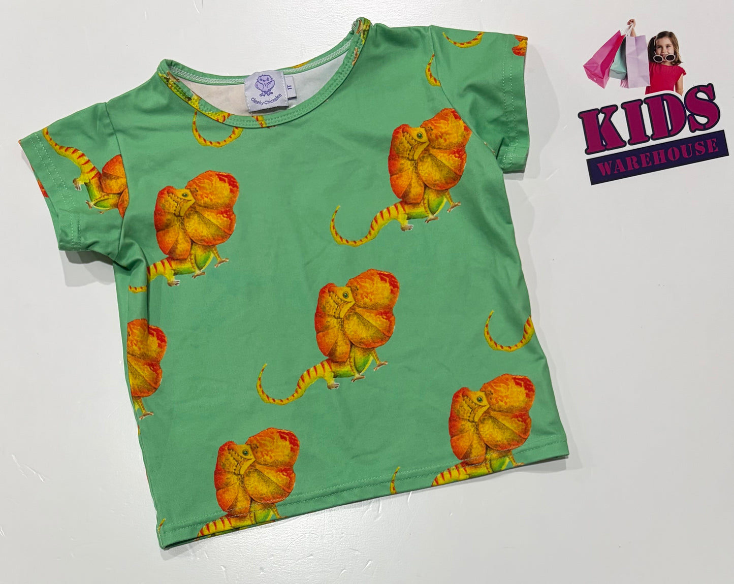 Cheeky Chickadee Green, Orange Lizard Print Top Size 1