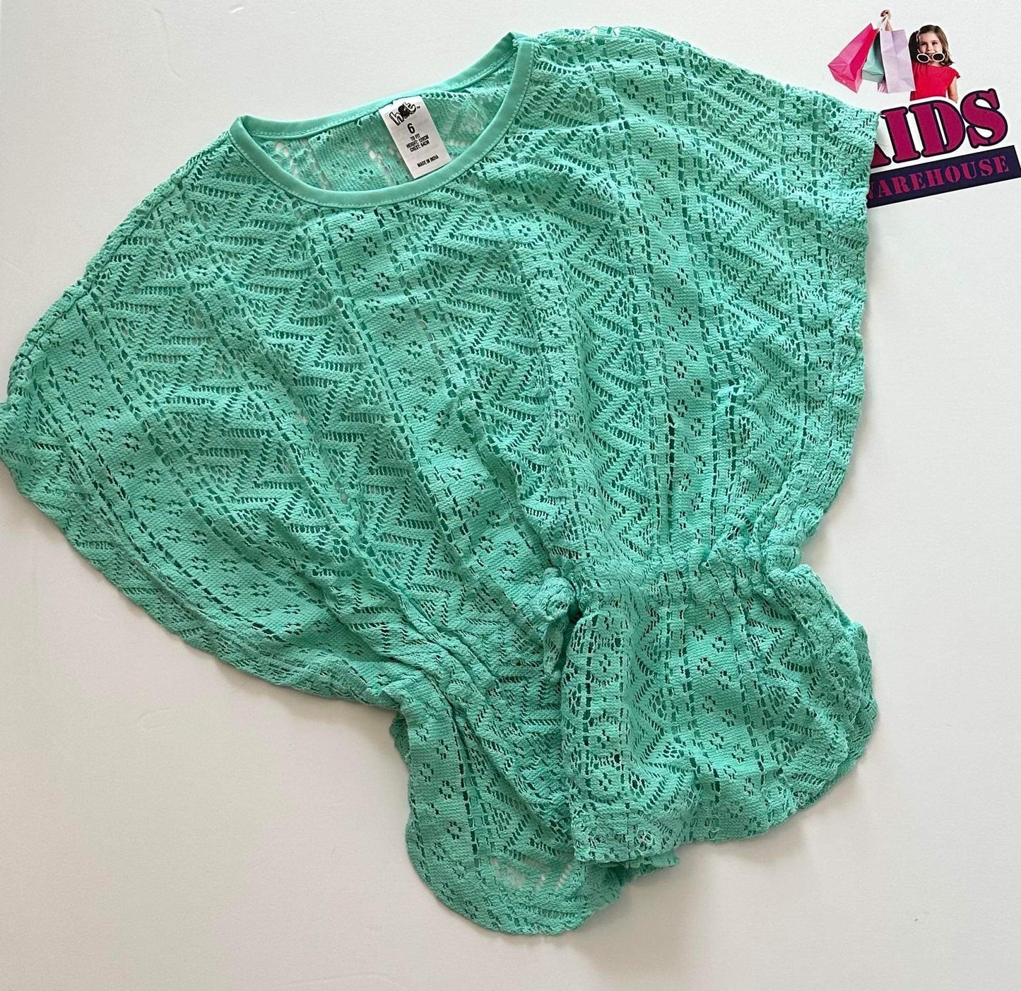 Mint Blue Pattern Mesh Top with Tie Size 6