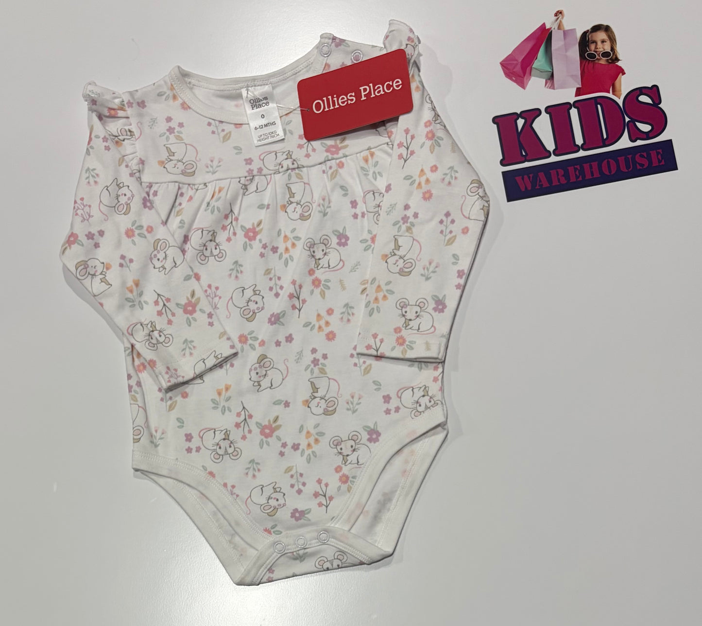 Not Used Ollie's Place White, Mouse Print Bodysuit Size 0