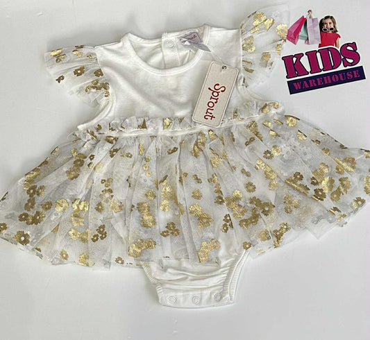 New Sprout White Dress With Golden Flower Pattern Size 1 (RRP $29.95)