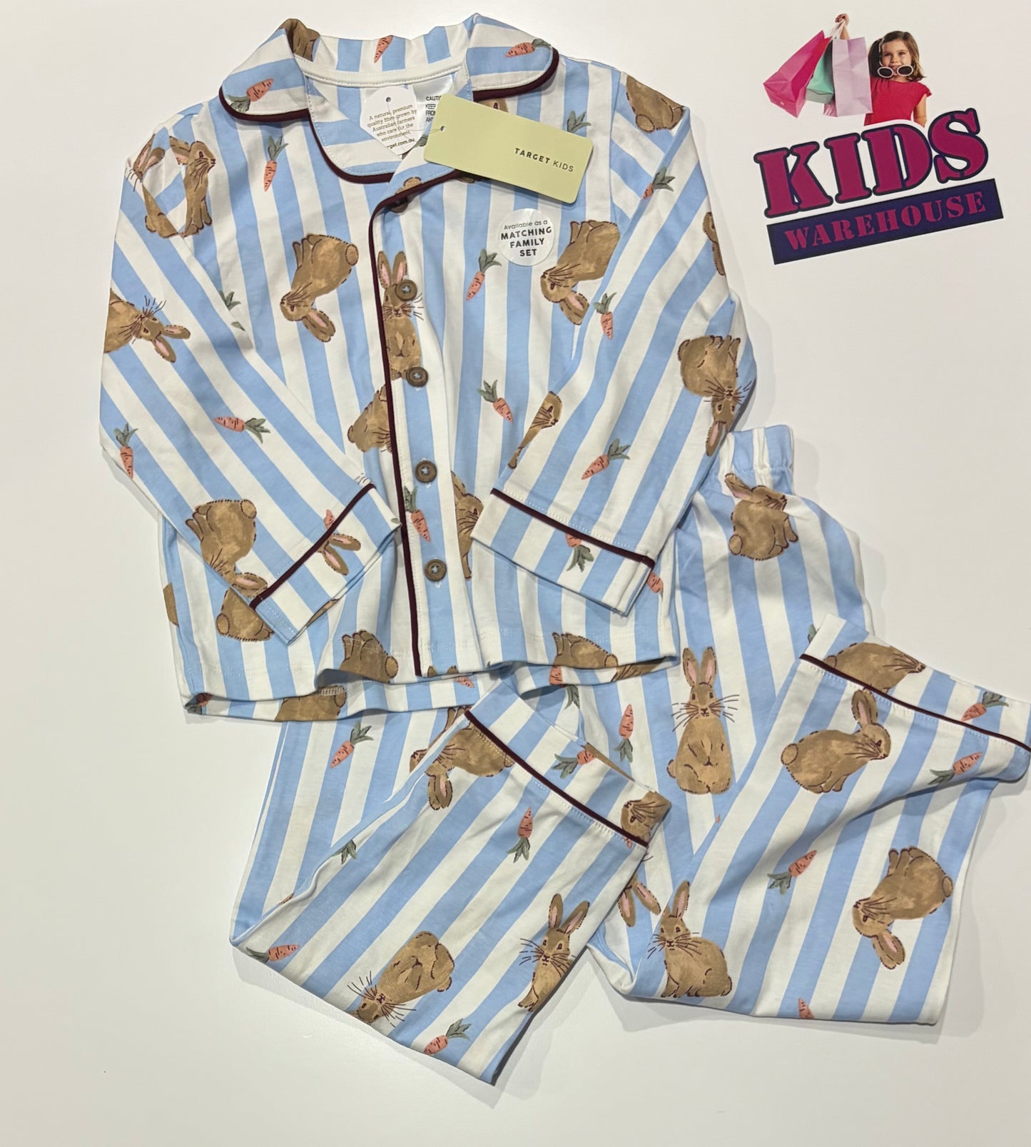Not Used Blue, White Stripe, Bunny Print 2 Piece Pyjama Set Size 3