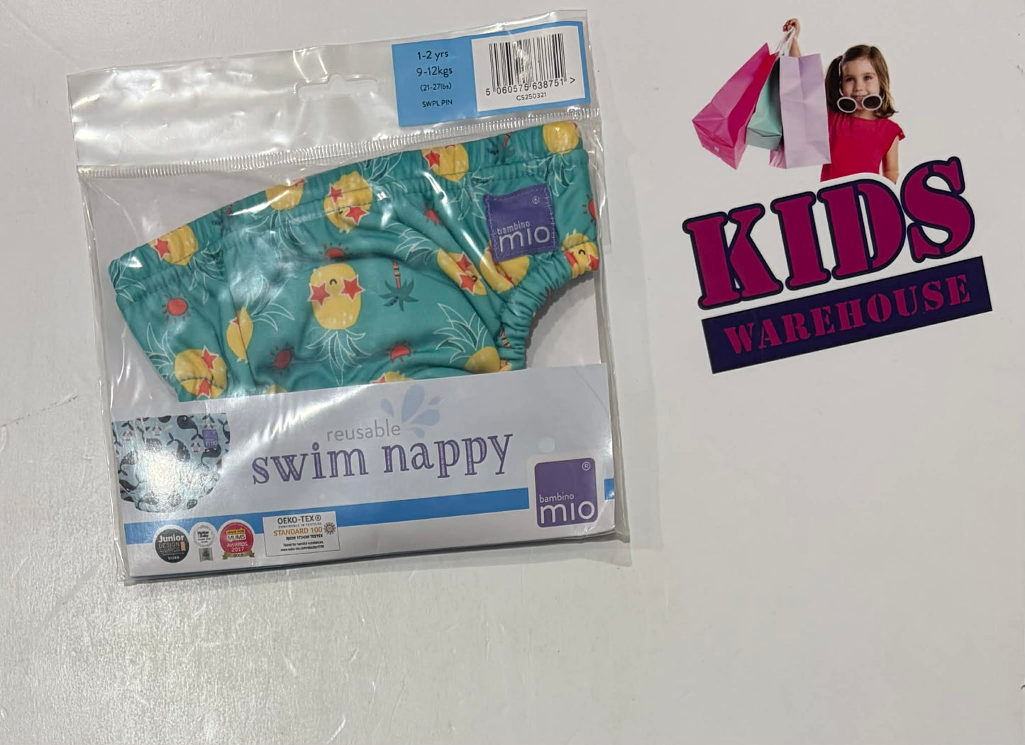 Not Used Bambino Mio Blue Pinapple Print Reusable Swim Nappy Size 1-2yr