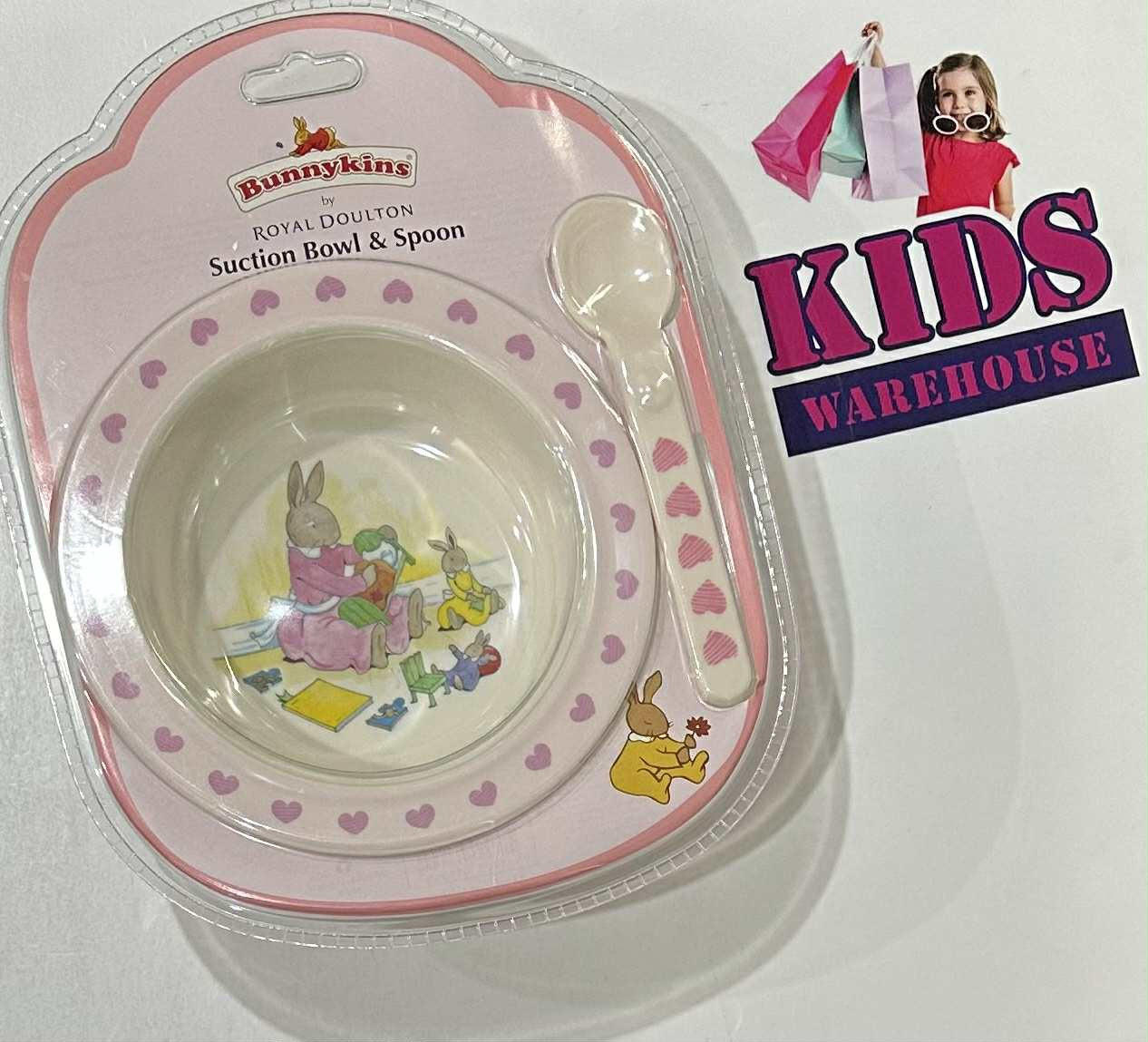 Bunnykins By Royal Doulton Suction Bowl & Spoon Set Pink Heart And Bunny Print