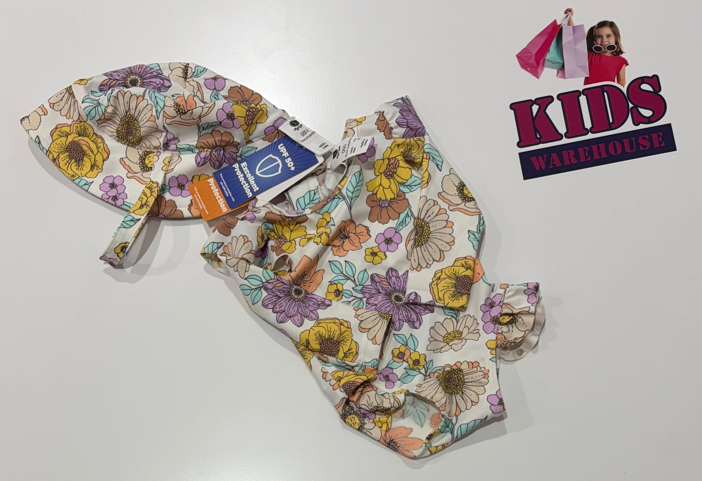 Not Used Dymples White, Floral Print Swim Rashie Bodysuit & Hat 2 Piece Set Size 000
