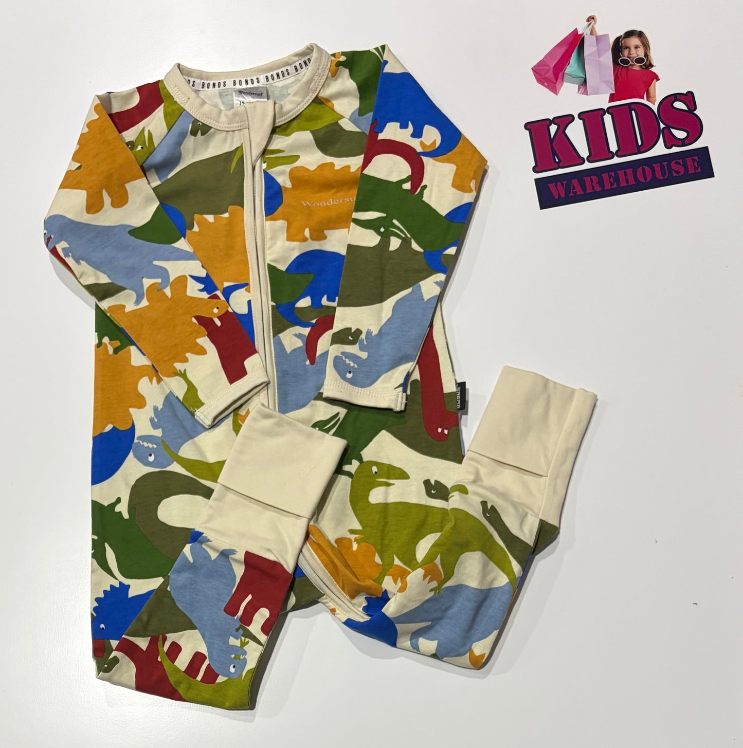 Bonds Wondersuit Cream, Dinosaur Print Jumpsuit Size 1