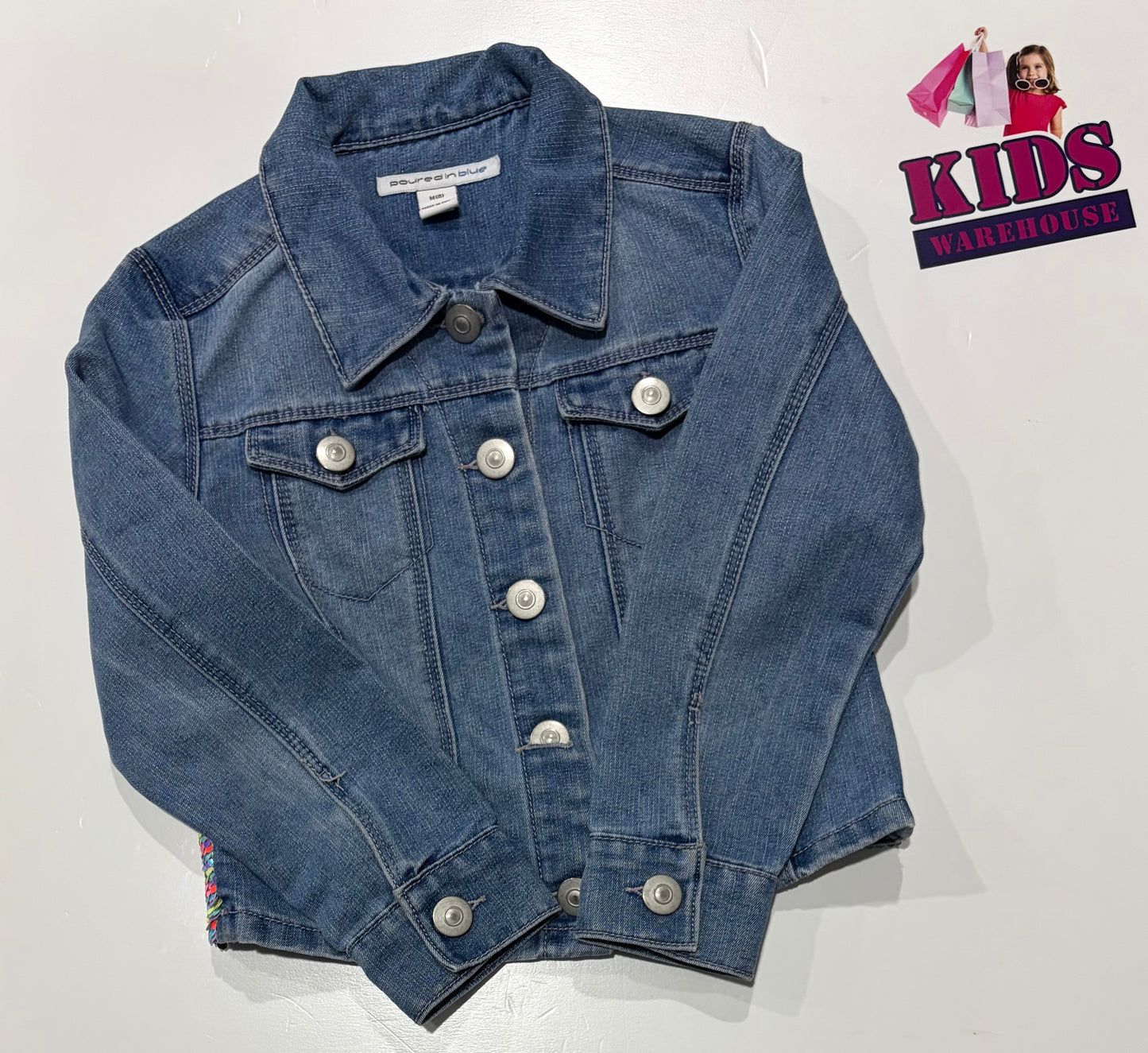 Poured In Blue Denim Jacket With Rainbow Sequin Back Size 8