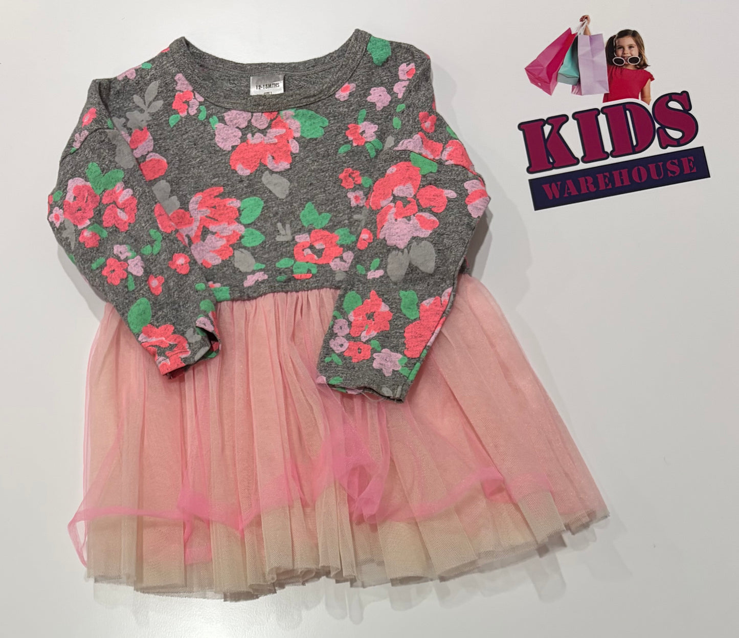 Bonds Grey, Floral Print Pink Dress Size 1