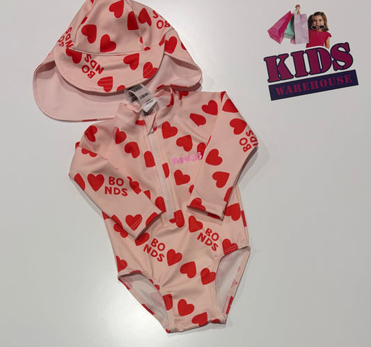 Bonds Pink, Love Heart Print Swim Bodysuit & Hat Size 00