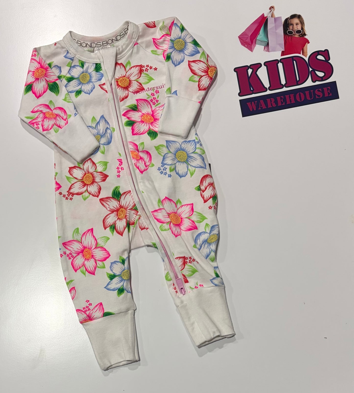 Bonds Wondersuit White, Red, Blue Floral Print Jumpsuit Size 0000