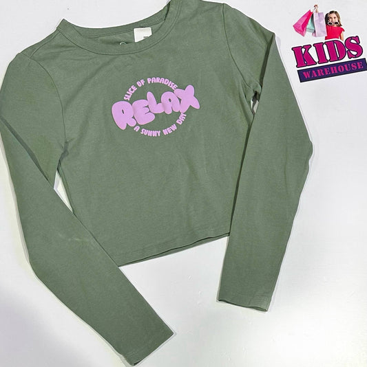 Target Green Long Sleeve Top With Purple Print Size 10